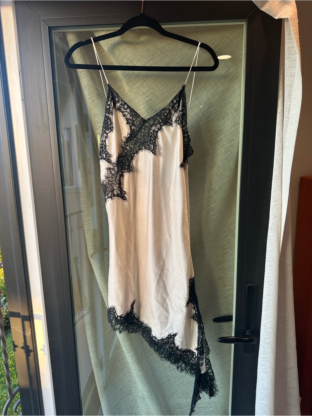 Zara Cream Slip Dress with Black Lace Asymmetrical Hem